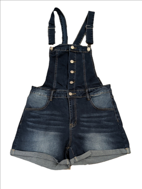 NWOT XL Dark Wash Denim Shortalls Stretch Button Bib Overalls Festival